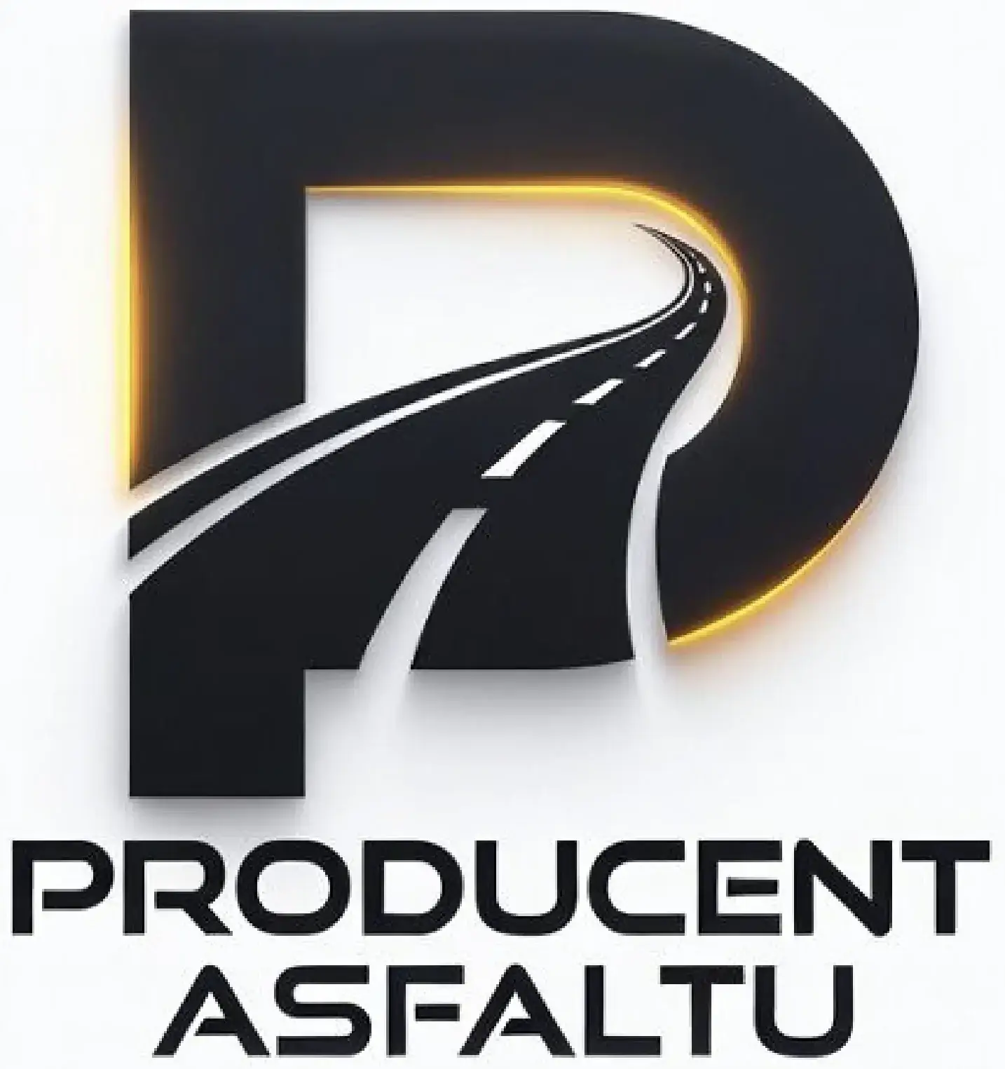 Nowoczesne, trójwymiarowe logo firmy z napisem "PRODUCENT ASFALTU" na białym tle. Głównym elementem jest duża, czarna litera "P", w którą wkomponowano motyw wijącej się asfaltowej drogi z białymi pasami. Litera posiada od tyłu delikatne, ciepłe podświetlenie w odcieniach żółci i pomarańczu, które nadaje głębi. Znak graficzny wprost nawiązuje do branży budownictwa drogowego i produkcji mas bitumicznych.
